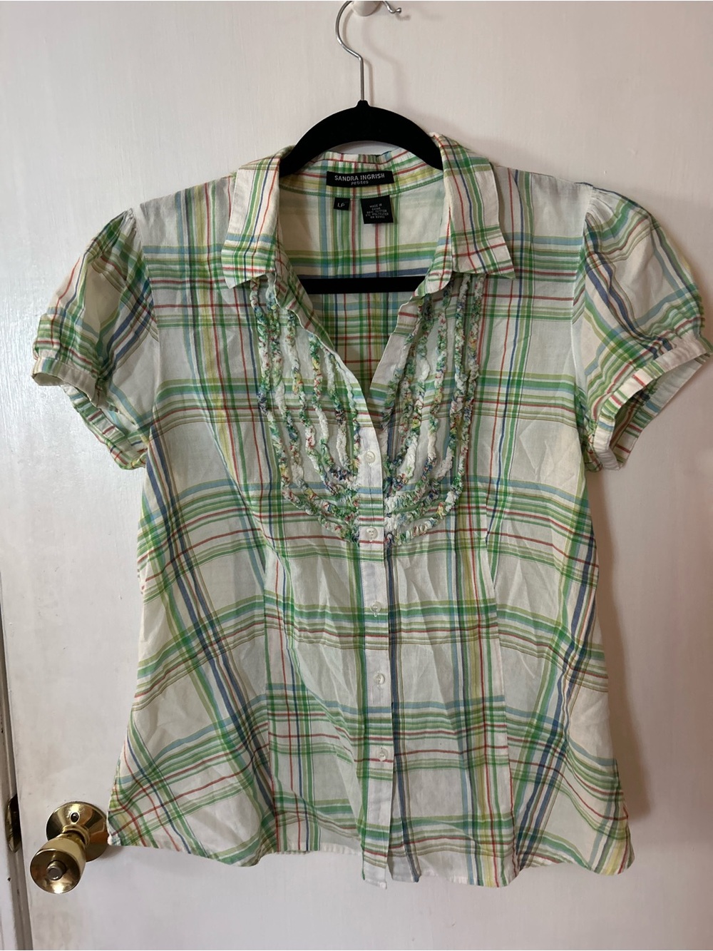 Sandra Ingrish Green and Cream Plaid Ruffle Front Blouse
